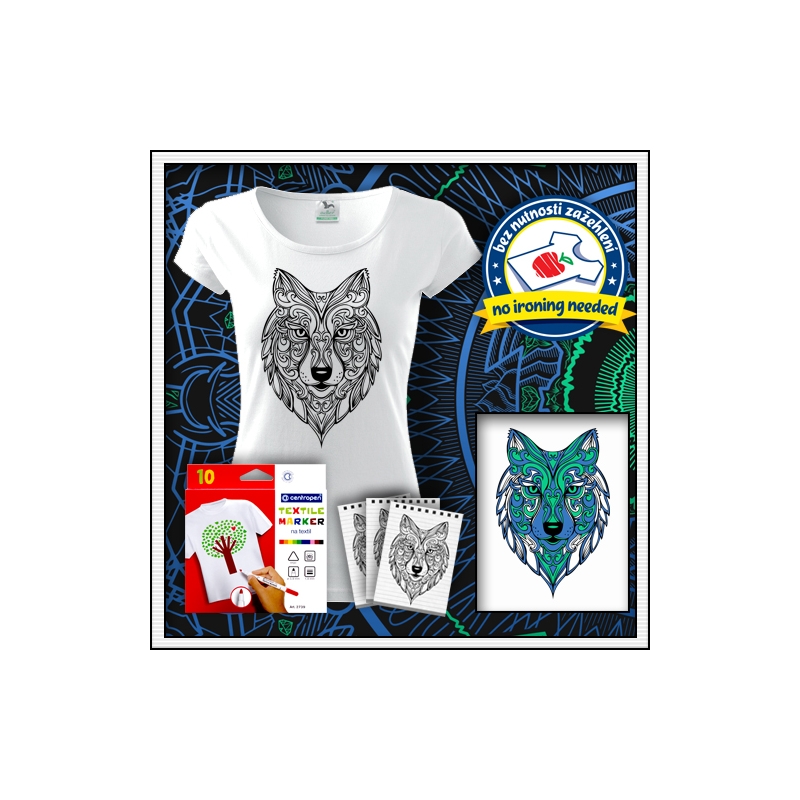 antistresová omalovanka vlk mandala zvieratá potlač na tričku biele dámske tričko s vlkom