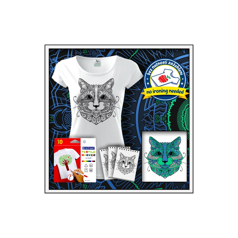 antistresová omalovanka mačka mandala zvieratá potlač na tričku biele dámske tričko s mačkou