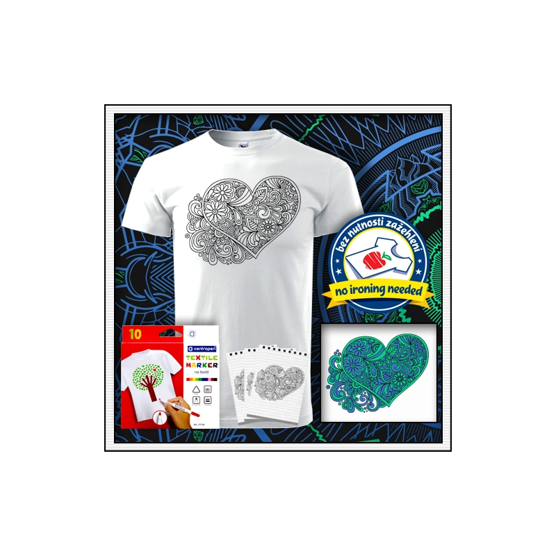antistresová omalovanka srdce mandala valentín potlač na tričku biele detské tričko so srdcom