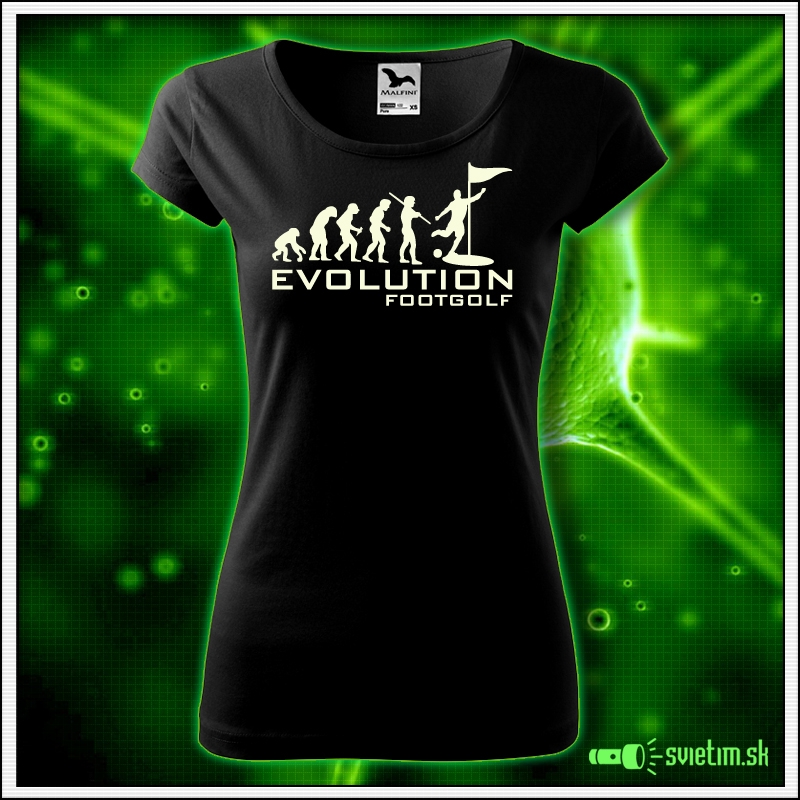 Svietiace dámske športové tričko Evolution Footgolf, čierne vtipné tričko pre foot golfistku darček suvenír