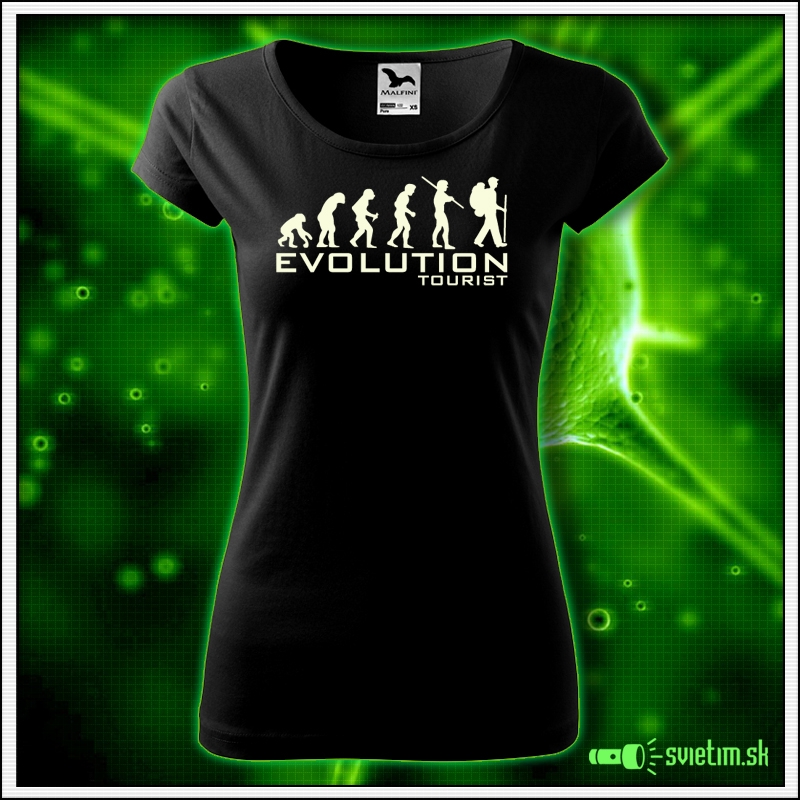 Svietiace dámske turistické tričko Evolution tourist, čierne vtipné tričko
