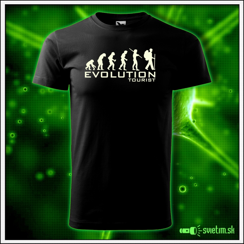 Svietiace turistické detské tričko Evolution tourist, čierne vtipné tričko