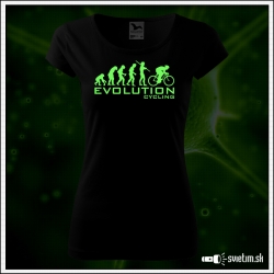 Dámske originálne čierne svietiace tričko s cyklistickým motívom Evolúcia cyklistu