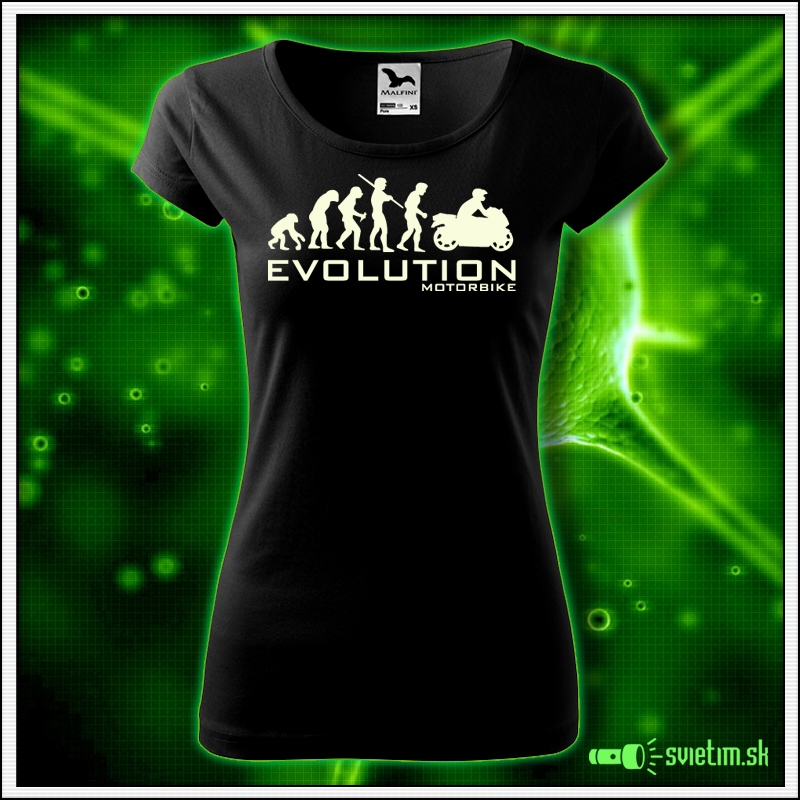 Svietiace dámske motocyklistické tričko Evolution motorbike, čierne vtipné tričko