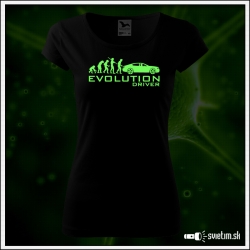 Dámske originálne čierne svietiace tričko s motoristickým motívom Evolúcia šoféra