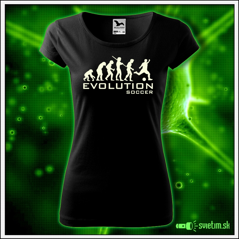 Svietiace dámske športové tričko Evolution Soccer, čierne vtipné tričko pre futbalistku