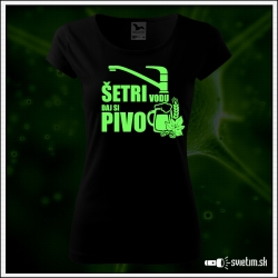 Dámske originálne čierne svietiace tričko s alkoholovým motívom s pivom