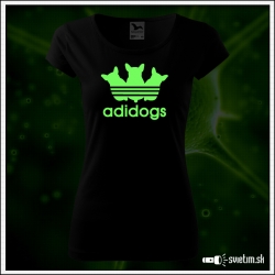 Dámske originálne čierne svietiace tričko Adidogs paródia Adidas
