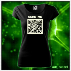 Svietiace dámske čierne vtipné tričko s QR kódom humorné darčeky